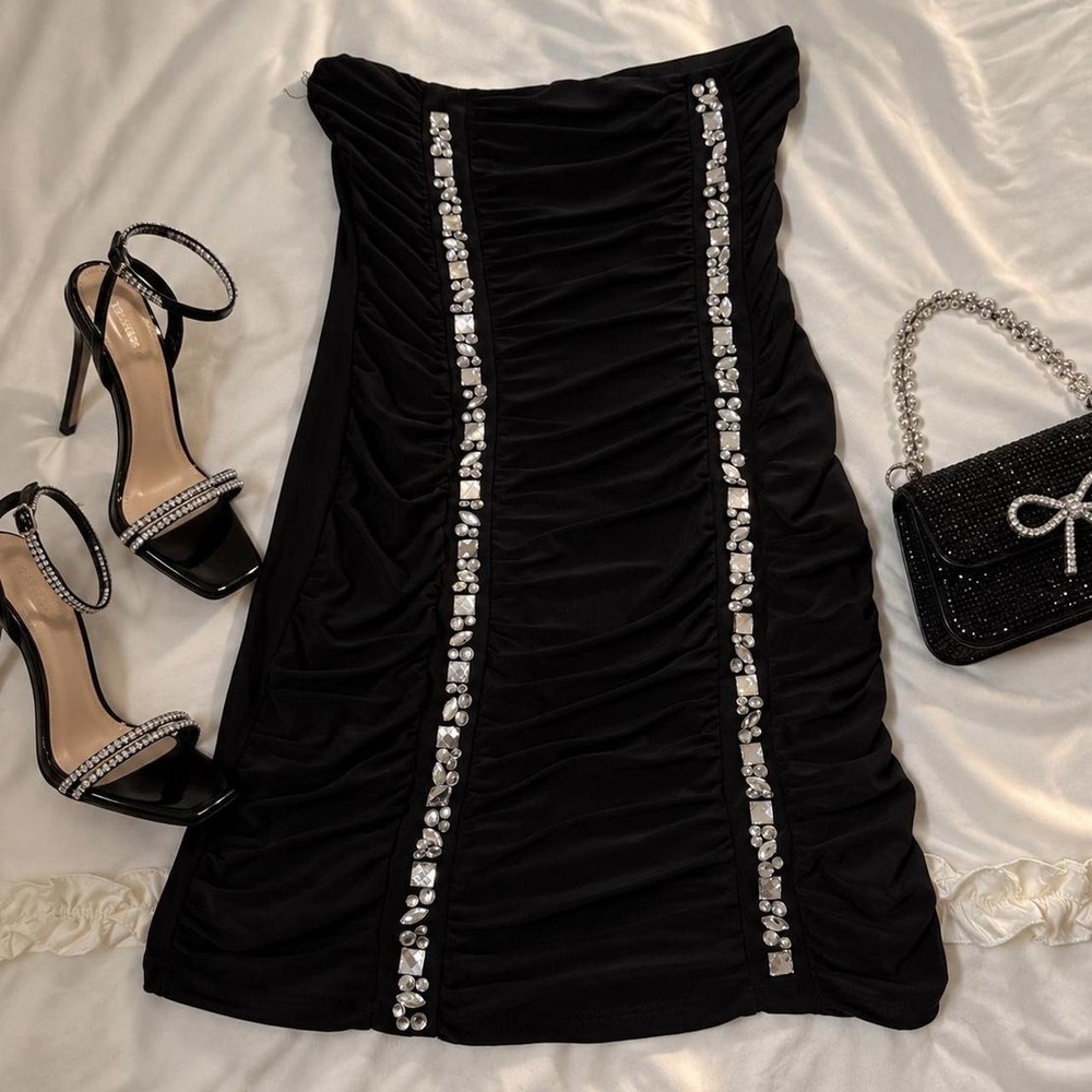 Rhinestone Ruched Mini Taboo black rhinestone ruched mini dress size small